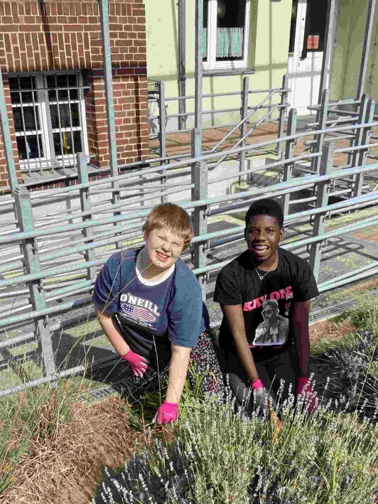 Zwei Schüler bei der Gartenarbeit